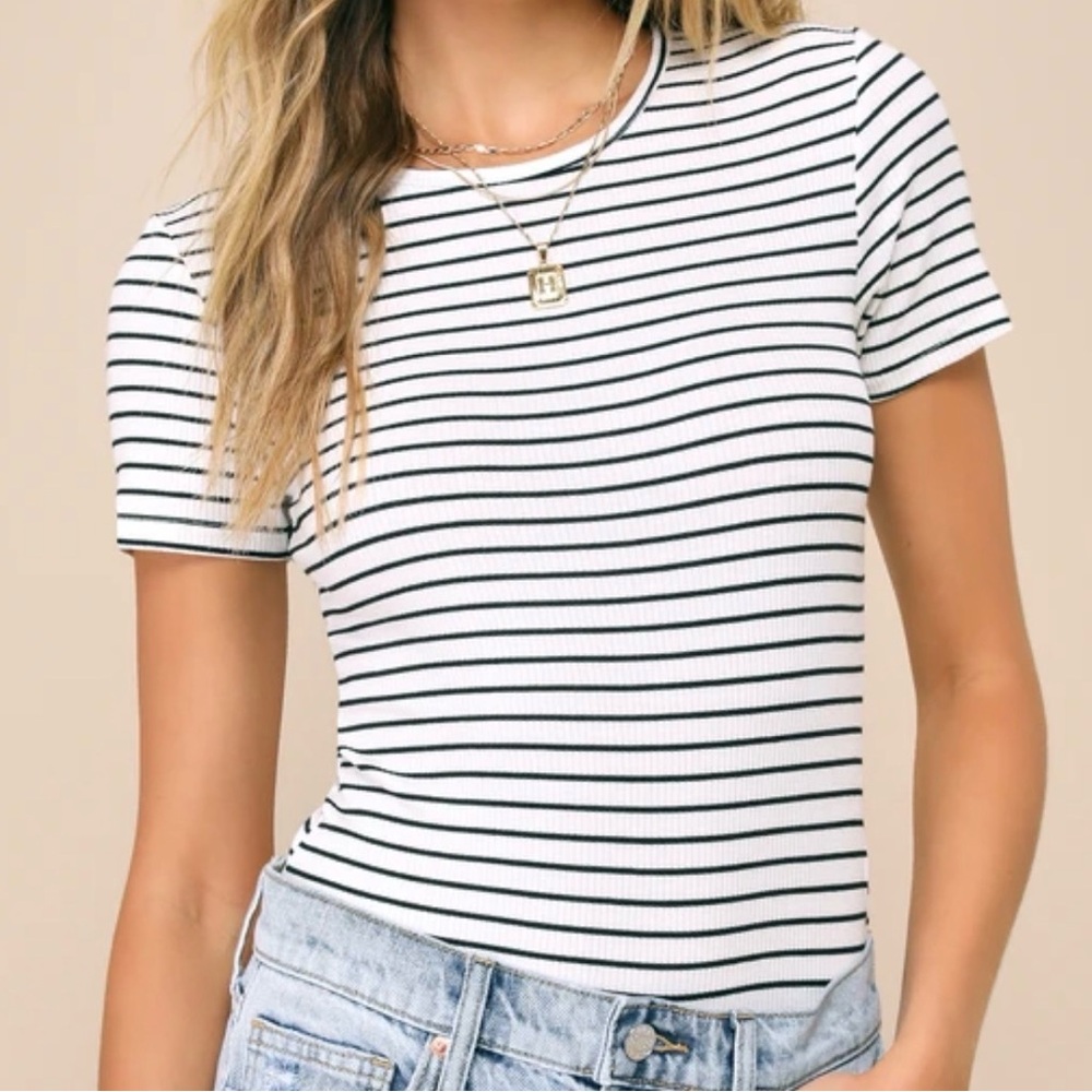 Lulus Kinship Black and White Striped Ribbed Bodysuit